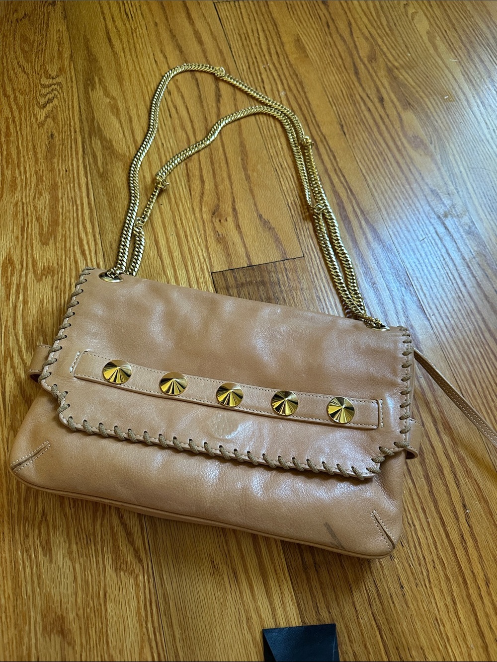 Neutral Tan Leather Shoulder Bag with Gold Accent Chain